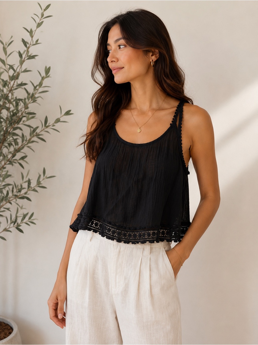 Golden by TNA Black Cotton Crochet Trim Swing Tank Top Size Small